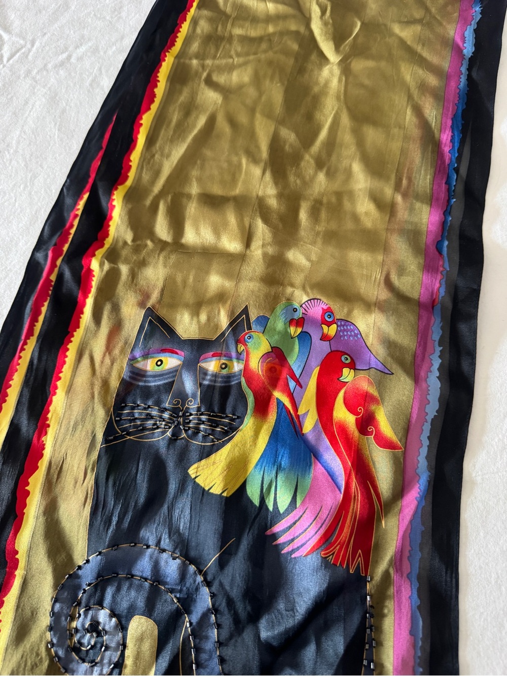 Vintage Laurel Burch Black Cat Parrot Silk Scarf Multicolor Art Wear Collectible - Picture 13 of 16